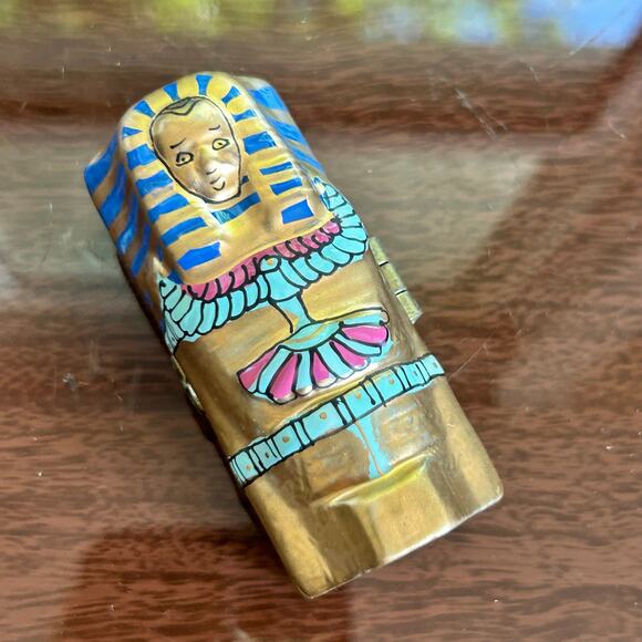 Egyptian Sarcophagus Trinket Box – Hand-Painted Hinged Porcelain Miniature - Picture 1 of 14